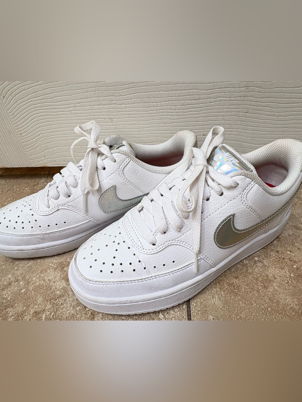 Women’s Nike Court VisionWhite Sneakers with Iridescent Silver Swoosh size 7